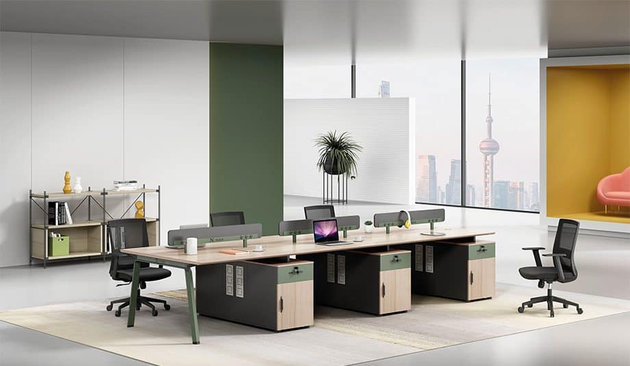 light oak and light green office workstation