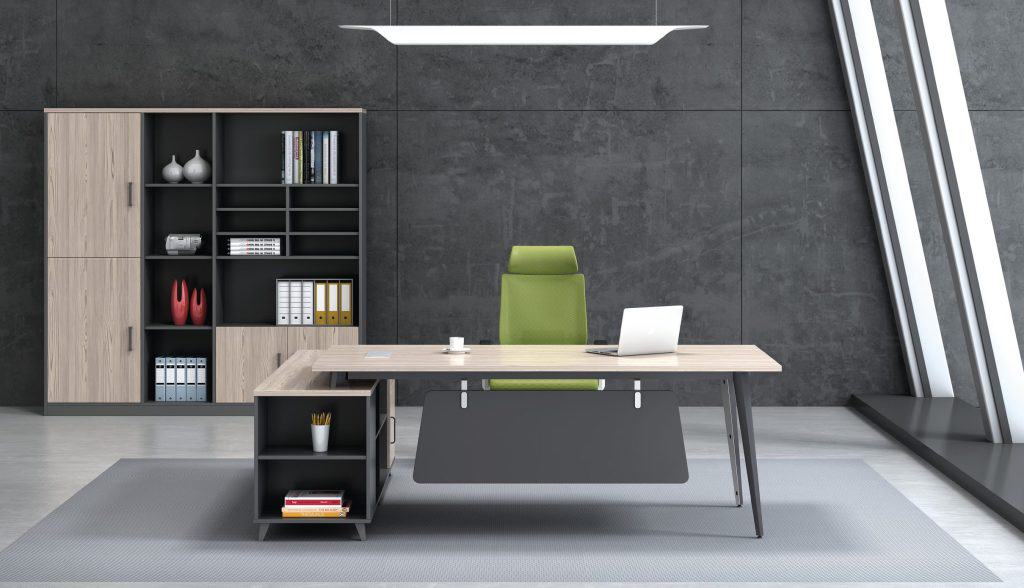 2000mm long manager desk with gray color, the open storage compartment can store frequently used items.