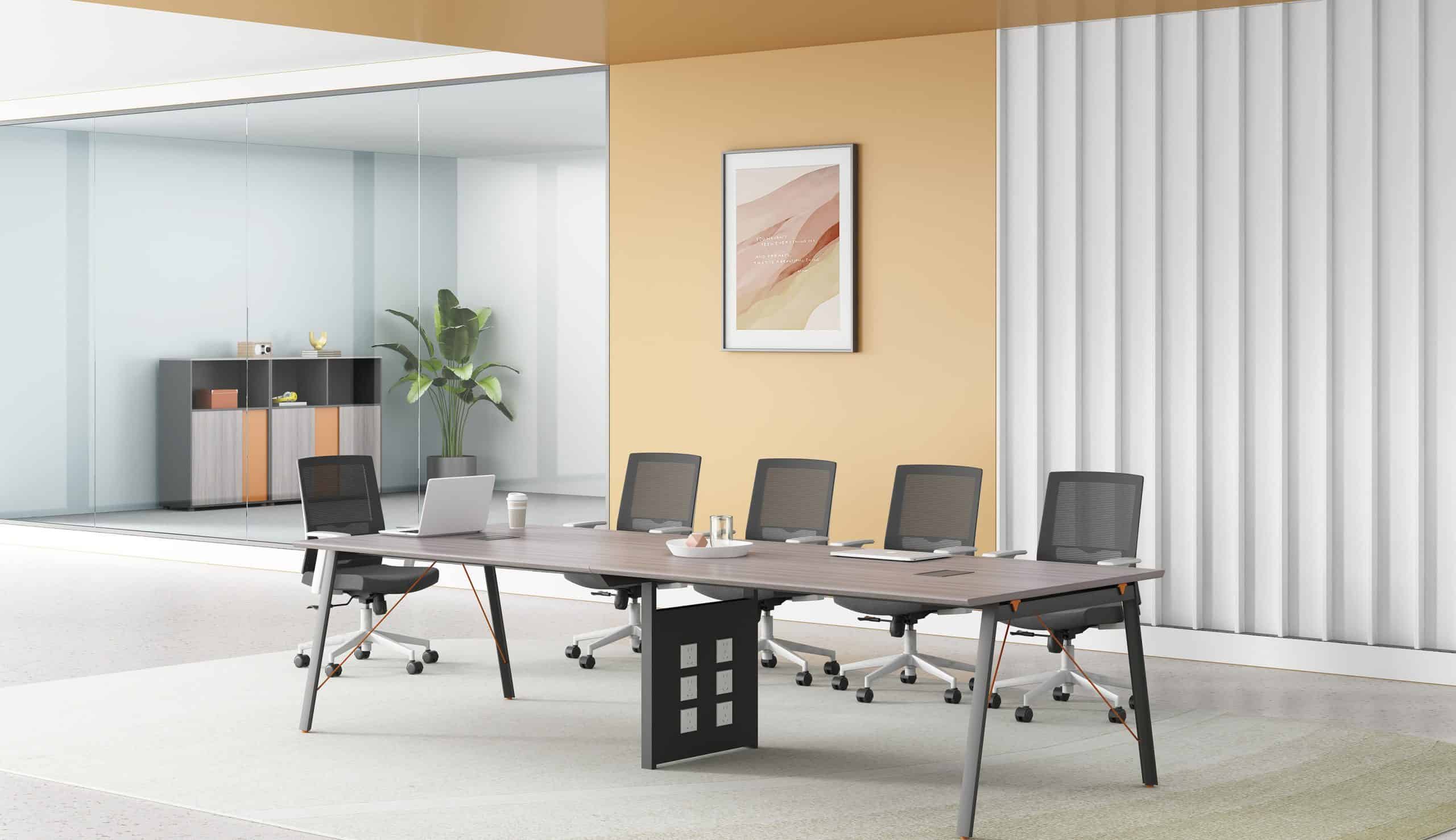 medium size conference table made with oke oak. gray and hermes yellow color