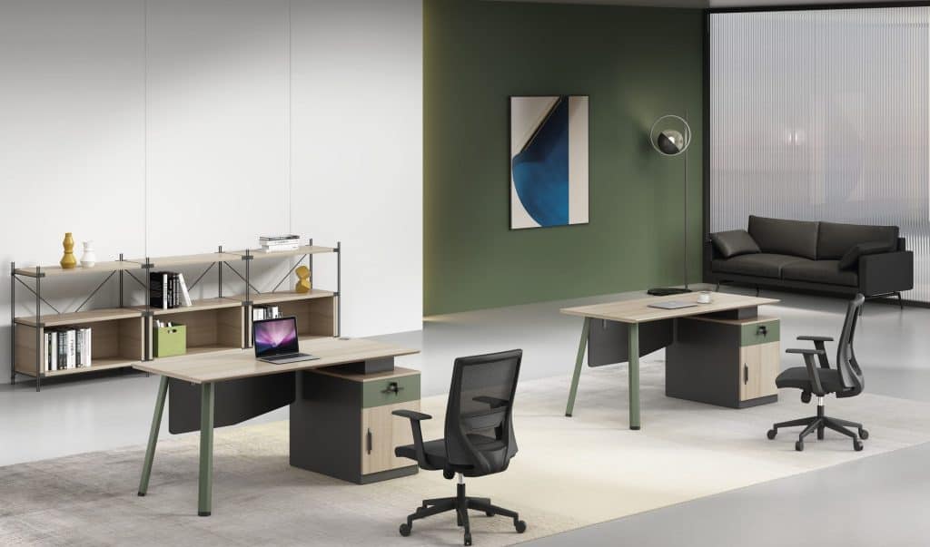 single light oak office desk with drawer (gray and light dark green) size 1400W x 700D x 750H/1200W x 600D X750H